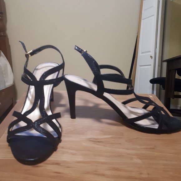 Black Metallic Glitter Heeled Sandals - Picture 4 of 11